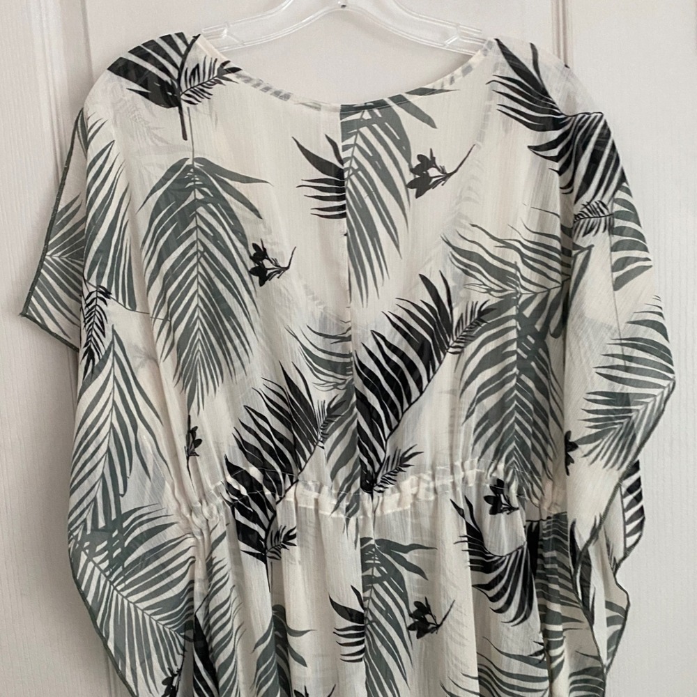 Kona Sol Womens Palm Leaf Kaftan Swim Cover Up V-Neck Drawstring Black White - S - Picture 5 of 12